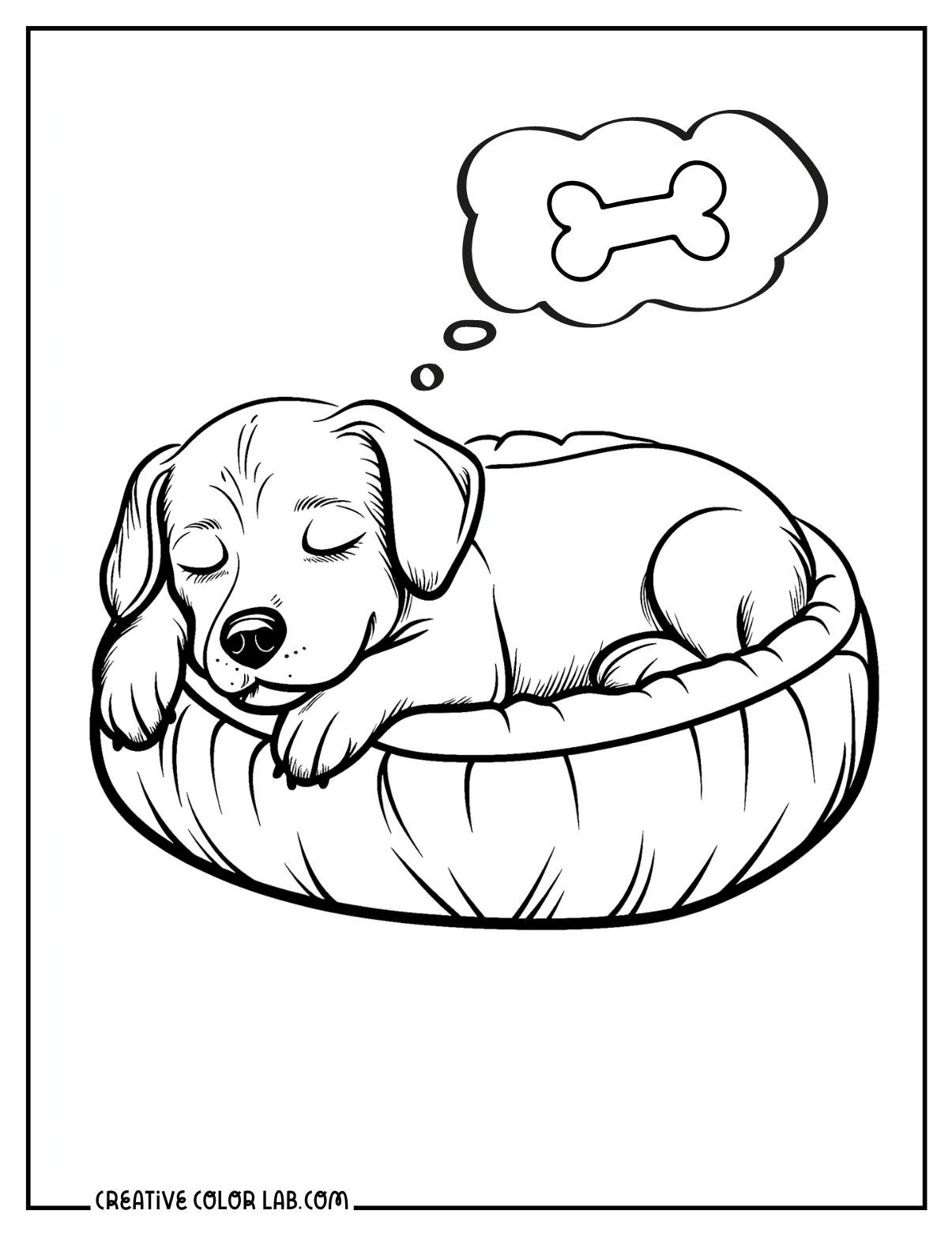 Cute sleeping puppy in a dog bed dreaming of a bone - Pictures To Colour In Of Dogs