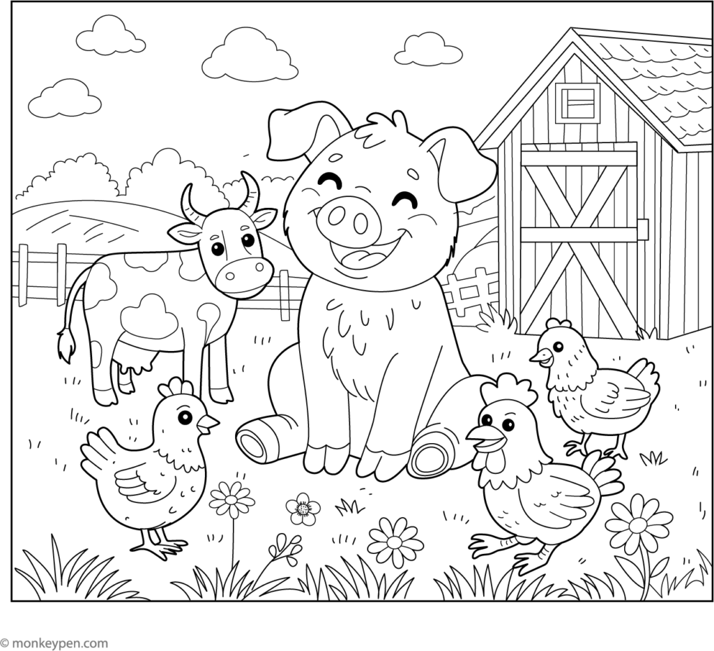A cheerful pig surrounded by a cow and chickens in a farm setting