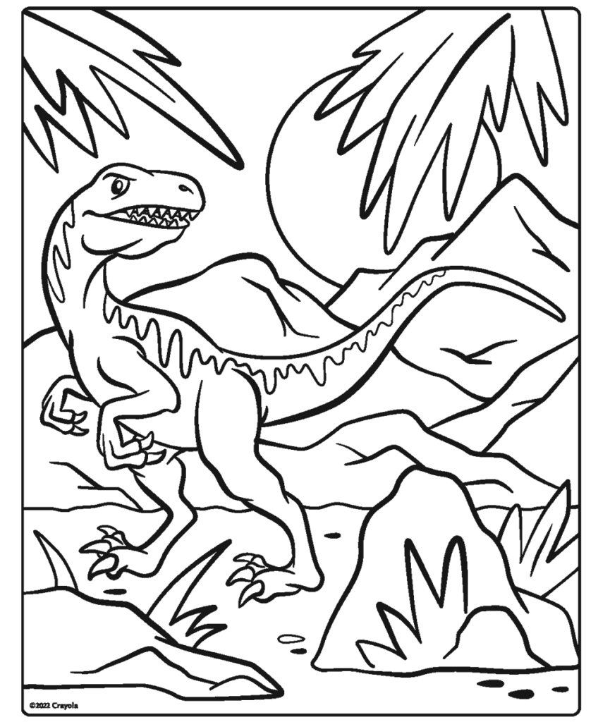 Dinosaur coloring page featuring a T-Rex in a scenic landscape