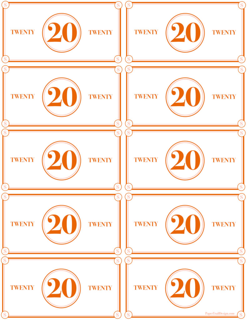 Play Money Printable – Simple $20 Bill Template Simple printable play money featuring the number 20 in bold design