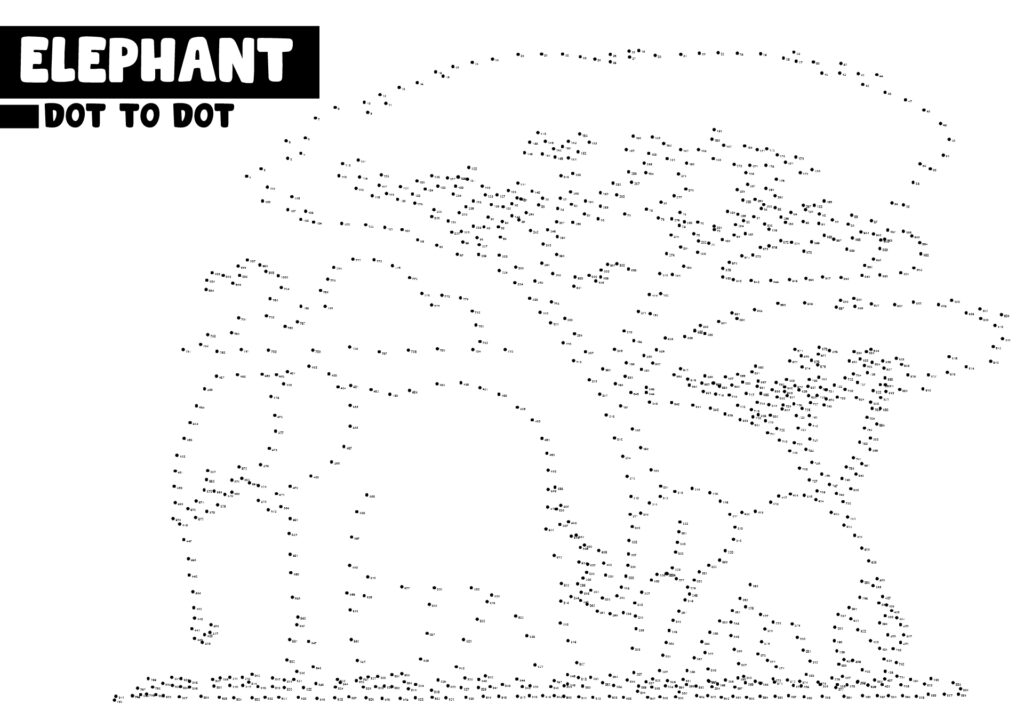 Elephant Dot To Dot Printable for Kids Dot to dot printable of an elephant under a tree, designed for children to connect the dots