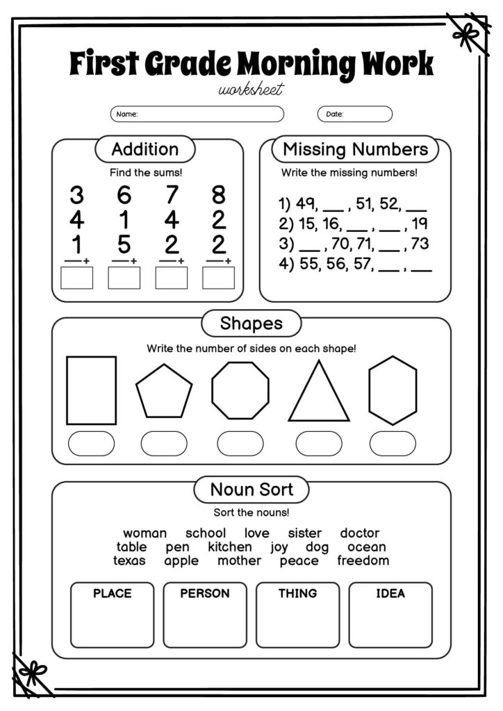 First grade morning work worksheet focusing on addition, missing numbers, and shapes