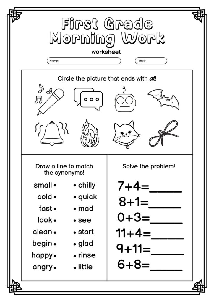 First grade morning work worksheet featuring picture matching and problem-solving activities