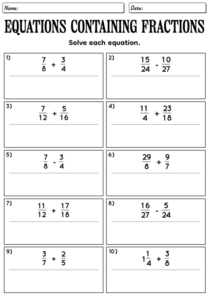 5th Grade Math Worksheets – Equations Containing Fractions Printable worksheet for 5th graders to solve equations containing fractions