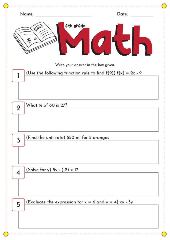 8th Grade Math Worksheet – Free Printable Template 8th grade math worksheet with various math problems for students to solve
