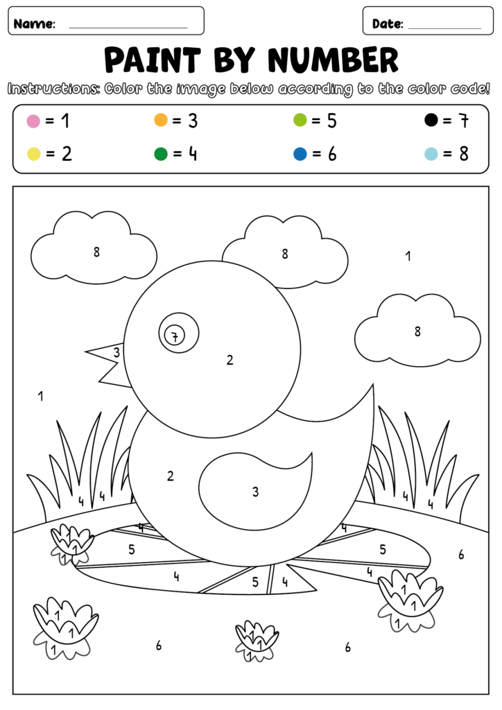 Printable Paint By Number Pages – Duck Design Printable Paint By Number Pages showing a cute duck with numbered sections for coloring