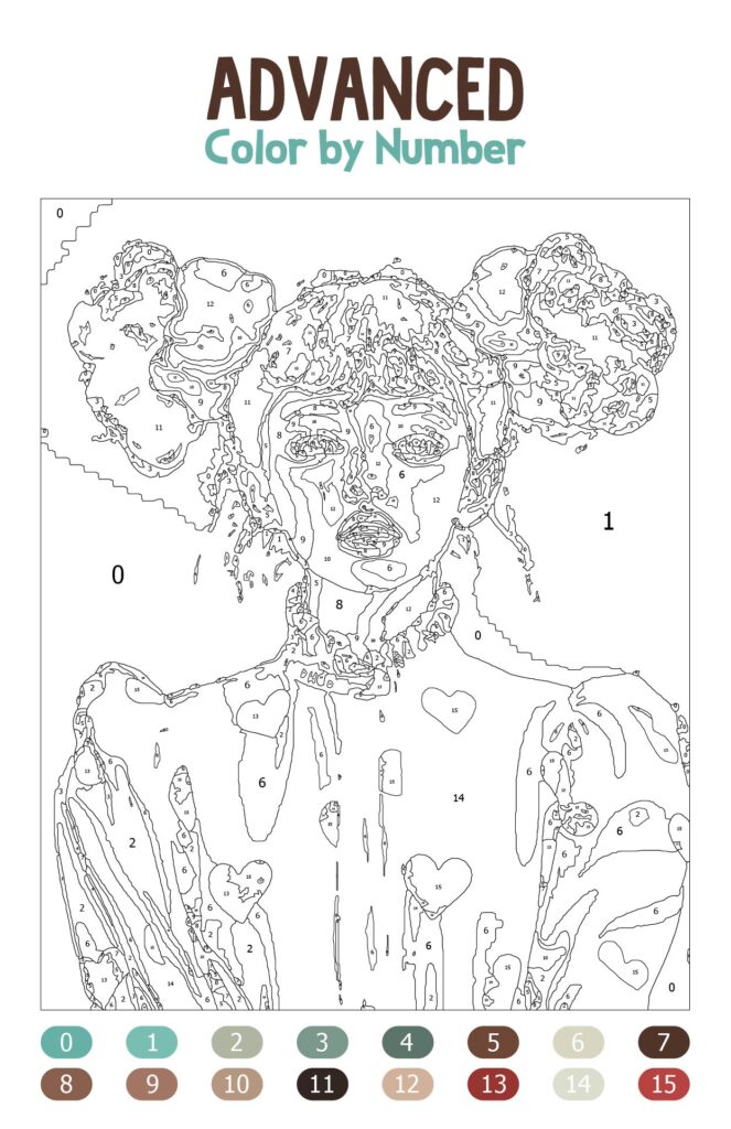 Advanced Color By Number Printable for Adults Challenging advanced color by number printable featuring a stylized portrait