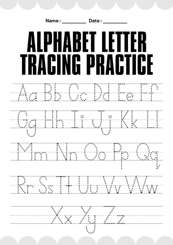 Alphabet letter tracing practice sheet with dotted lines for each letter