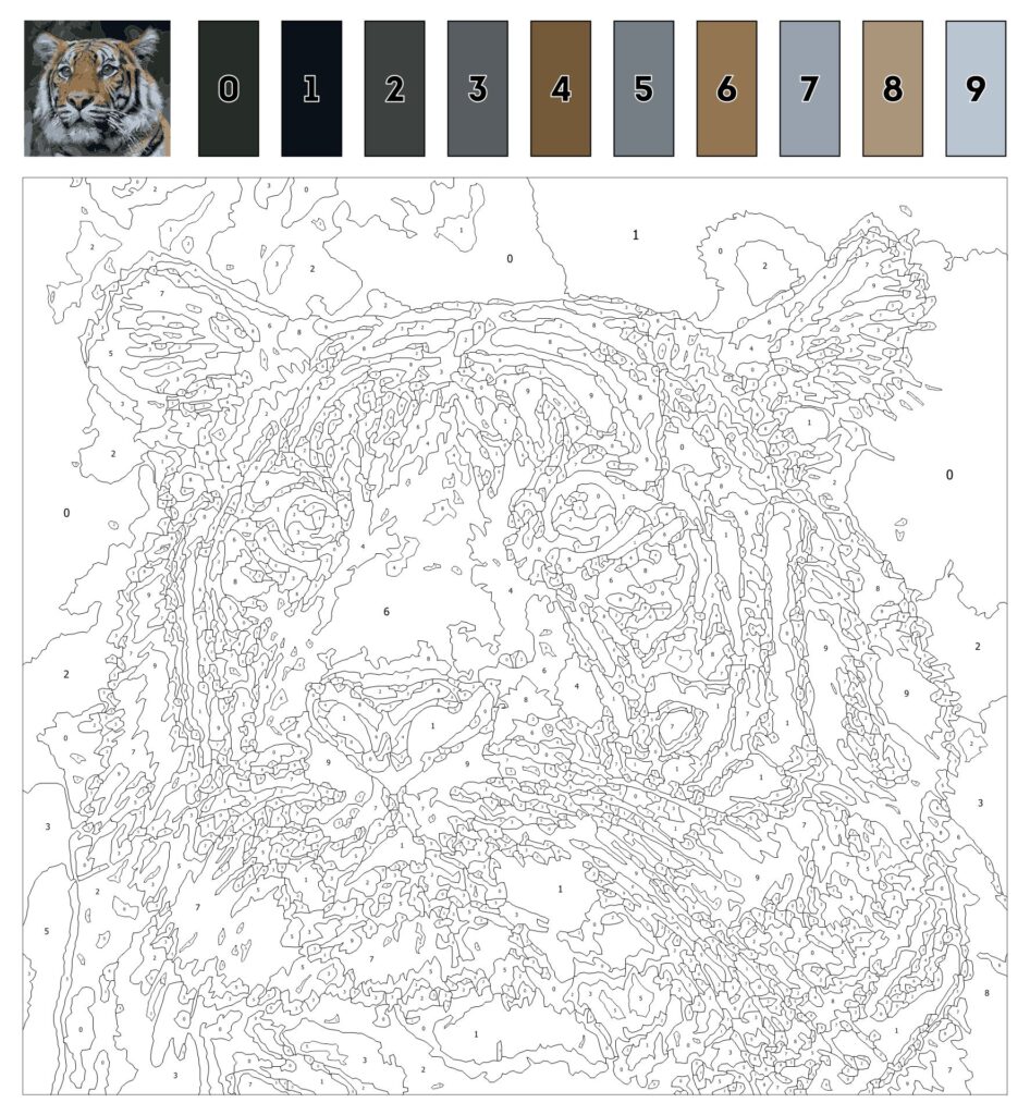 Difficult Colour By Number Printables – Tiger Challenging colour by number printable of a tiger with detailed numbered sections for coloring