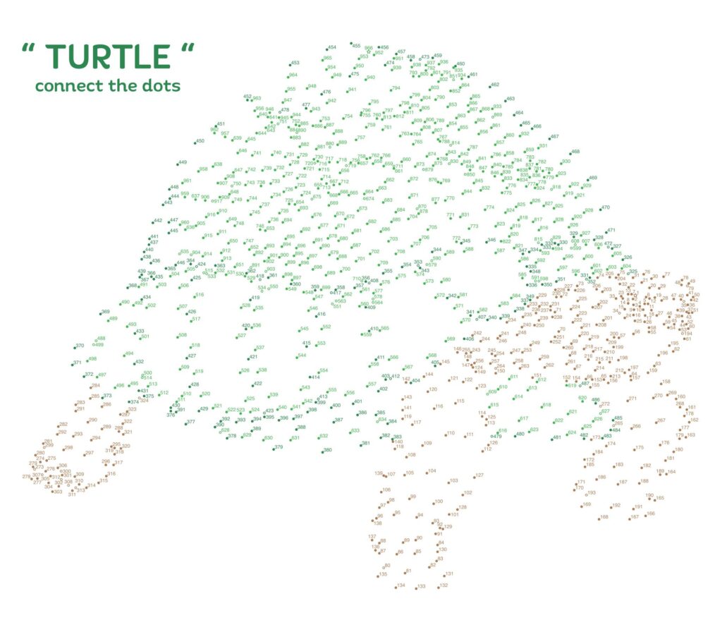 Difficult connect the dots worksheet featuring a turtle design