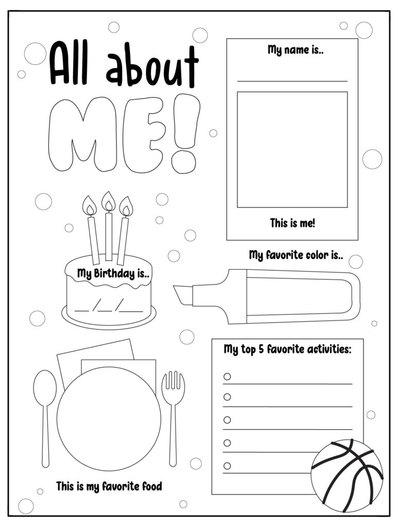 All About Me adult printable worksheet with sections for personal interests and favorite activities