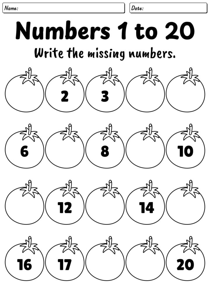 Printable worksheet for kindergarteners to fill in missing numbers 1 to 20