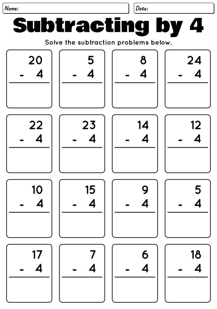 Subtracting by 4 Worksheet for 1st Graders Printable worksheet for 1st graders to practice subtracting by 4