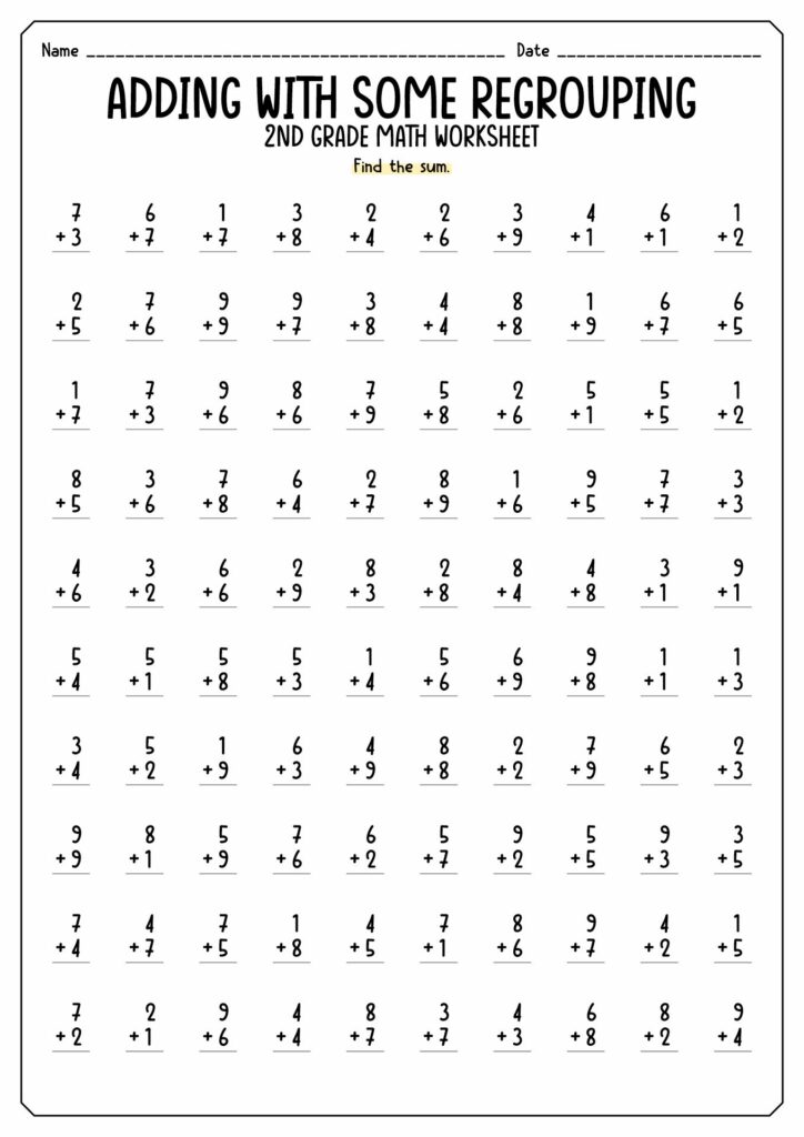 Worksheet for 2nd graders focusing on adding with regrouping, featuring multiple addition problems