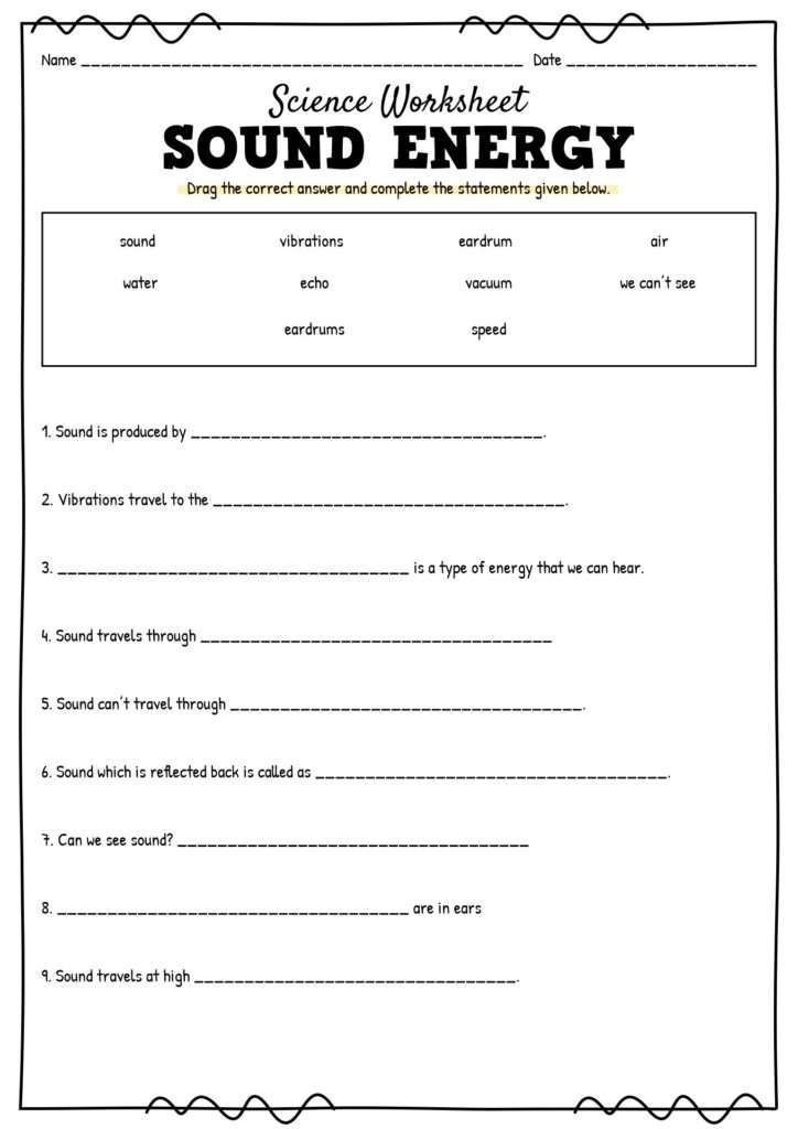 Science Worksheets on Light and Sound for 6th Graders Printable worksheet on sound energy for 6th graders