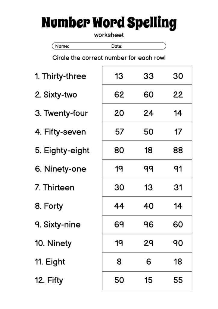 Printable worksheet for spelling number words thirty-three to fifty