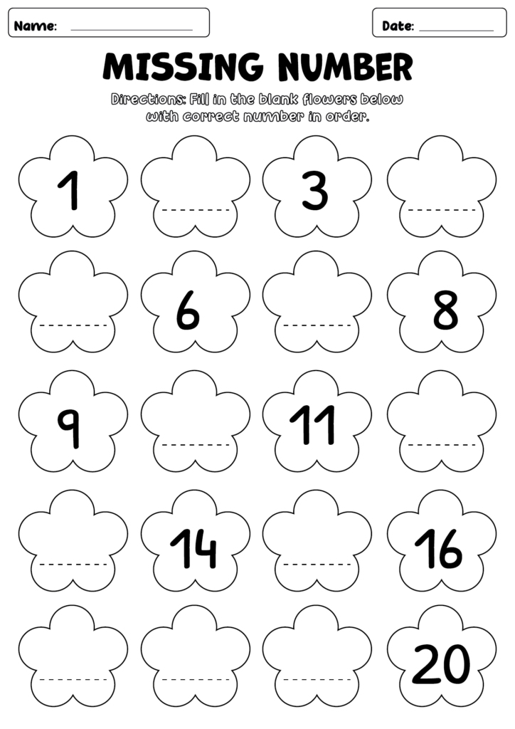 Printable flower-themed worksheet for filling in missing numbers 1 to 20