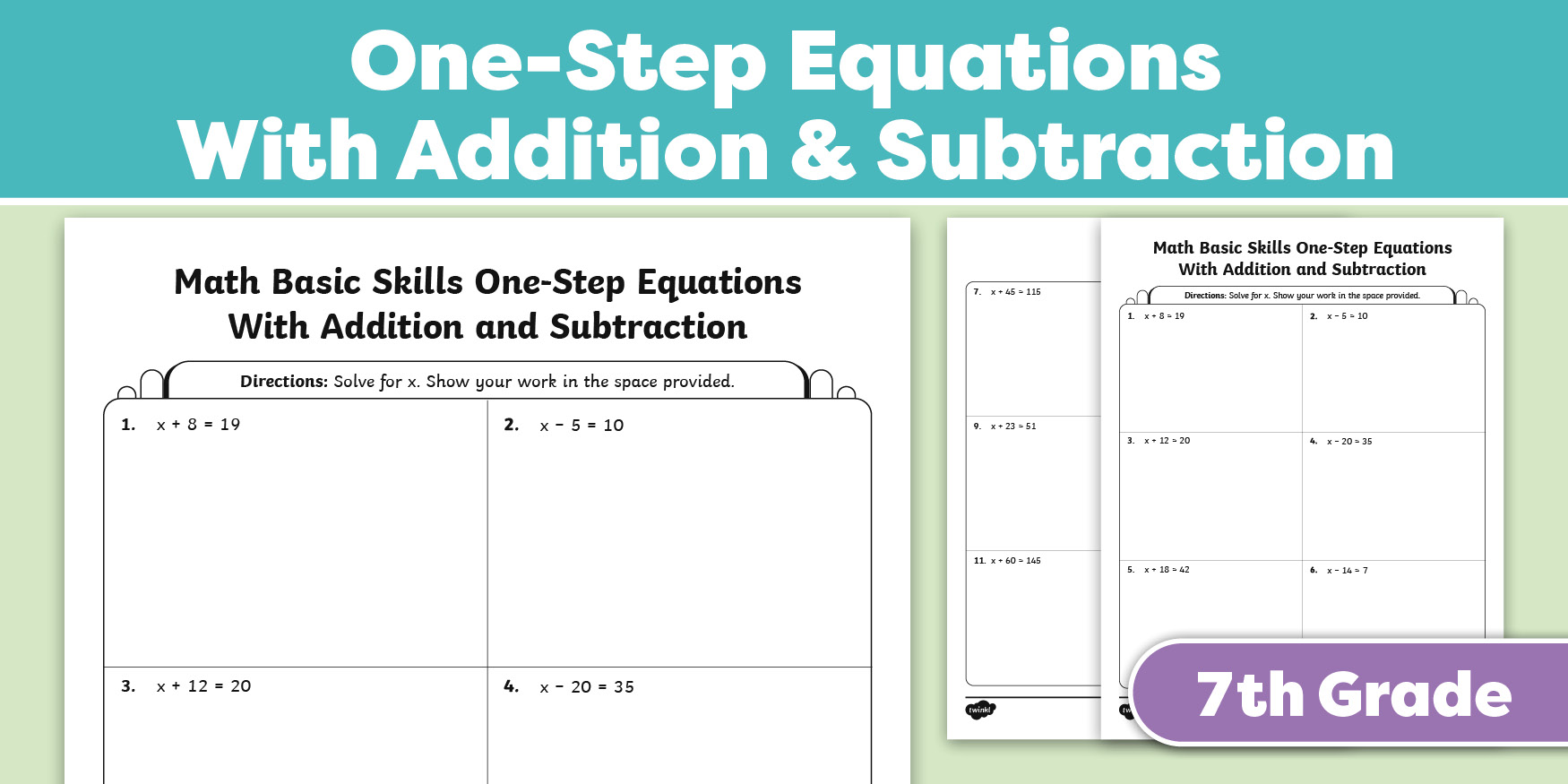 Practice Math Problems For 7th Graders - Free printable worksheet for 7th graders to practice one-step equations with additio