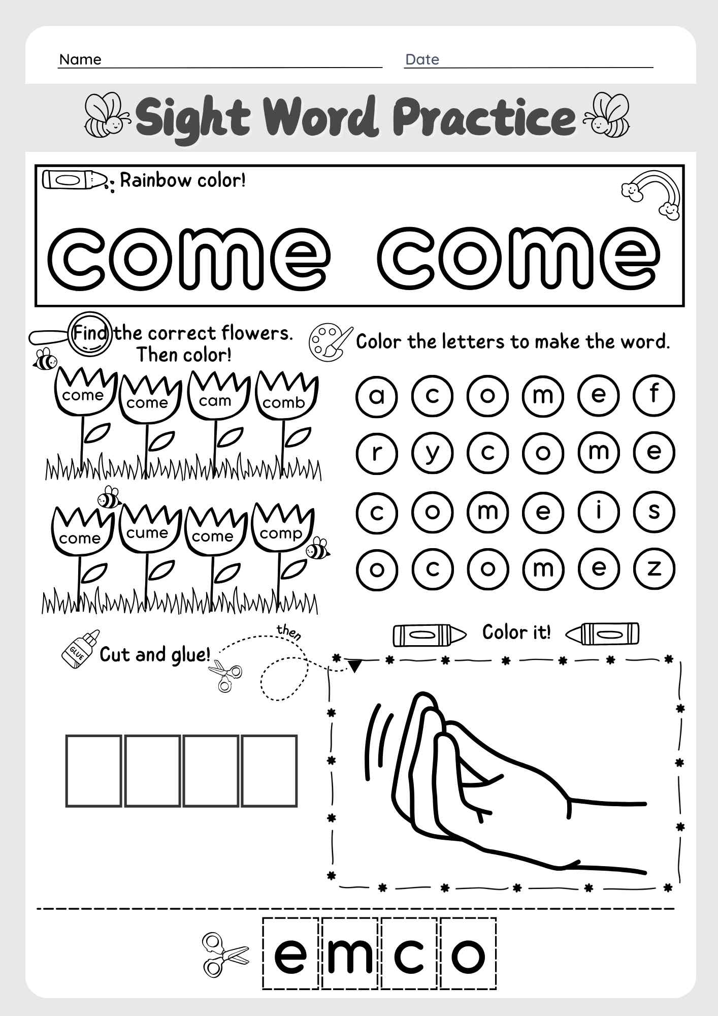 Pre K Cut And Paste Worksheets featuring the sight word 'come' with coloring and cutting activities