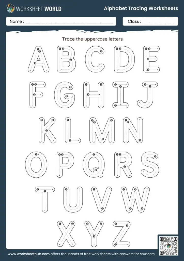 Worksheet for preschoolers to trace uppercase letters of the alphabet