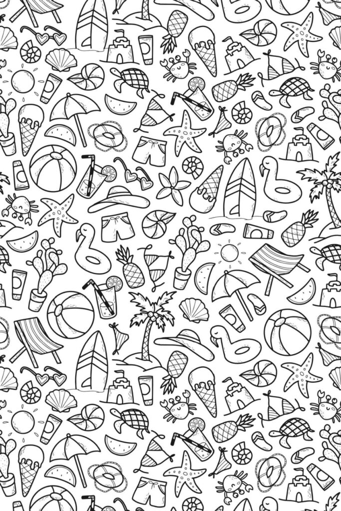 Engaging preschool coloring pages for summer featuring beach items and summer activities