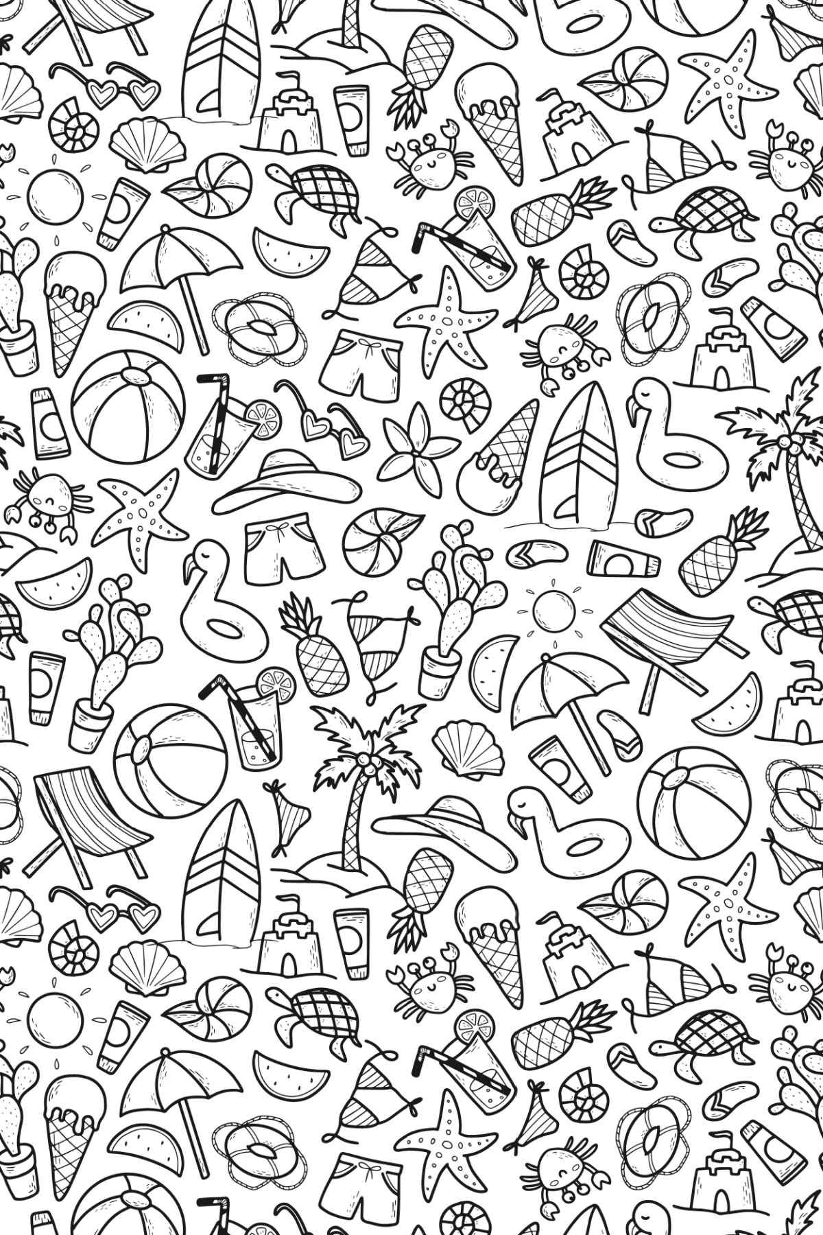 Engaging preschool coloring pages for summer featuring beach items and summer activities