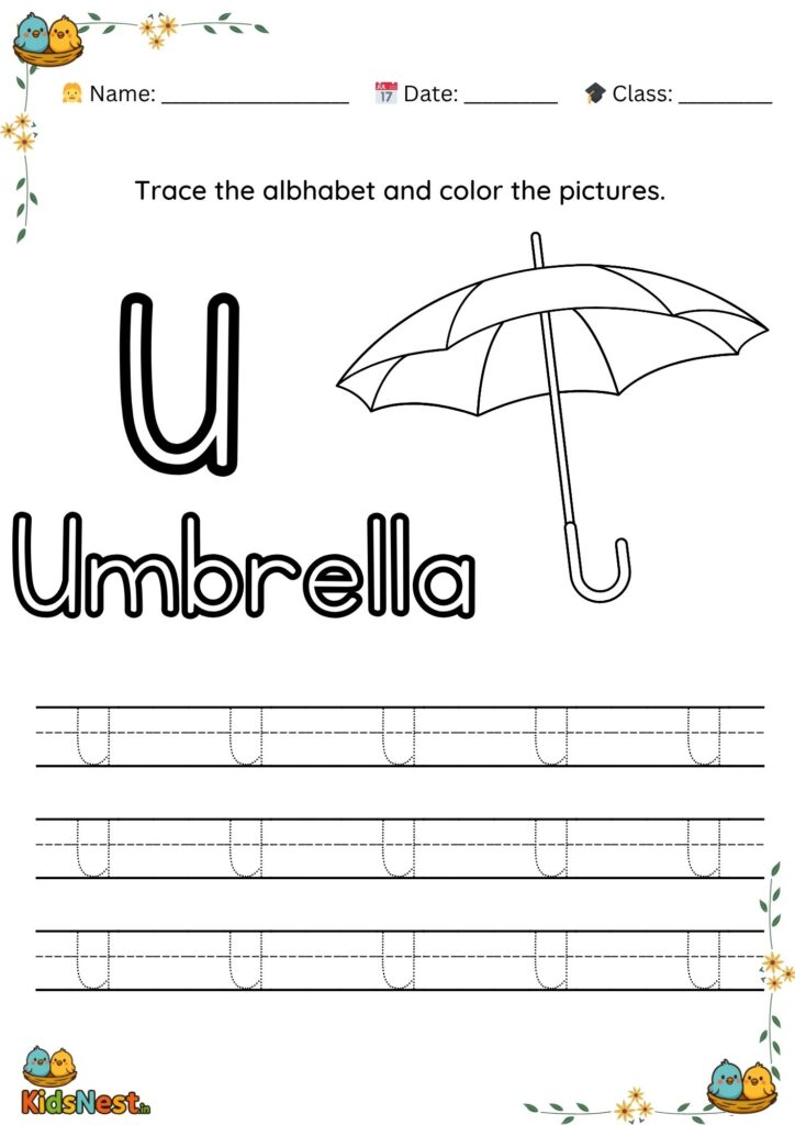 Preschool letter U tracing worksheet with an umbrella illustration