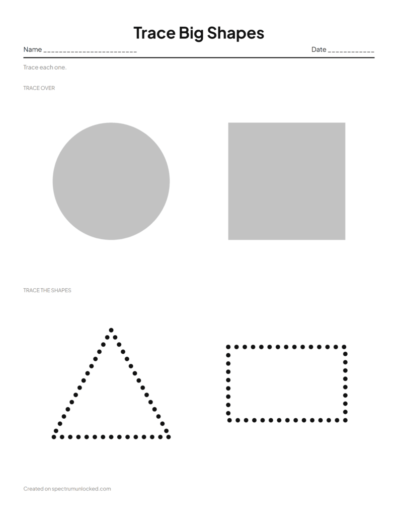Printable preschool shape tracing worksheets with large shapes for tracing practice