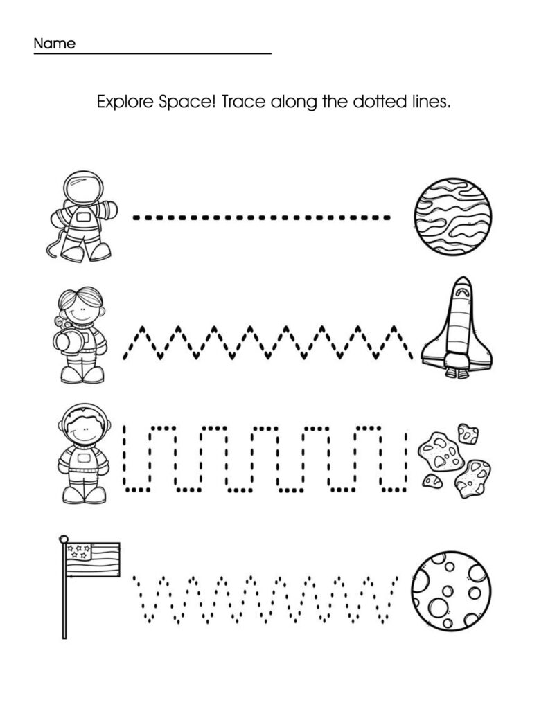 Preschool tracing worksheet with astronauts and space elements for coloring