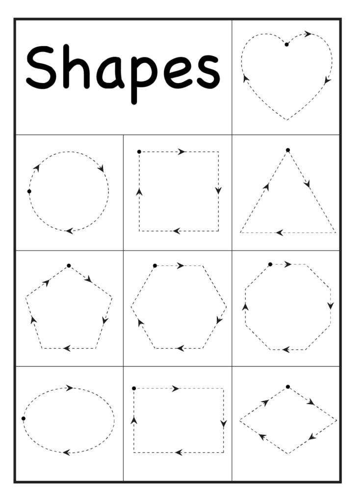 Shapes worksheet for preschoolers with dotted lines for tracing various shapes