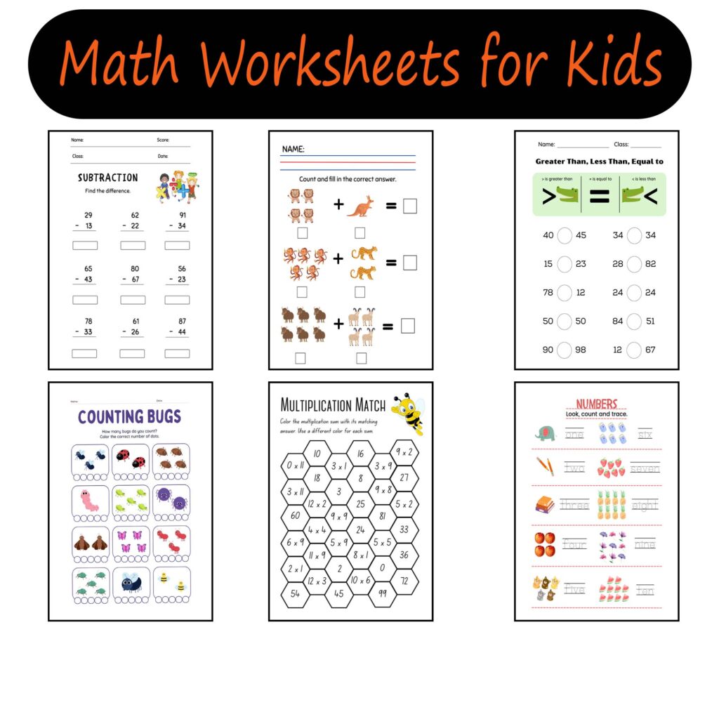 Collection of Printable 1st Grade Math Worksheets featuring various math exercises for kids
