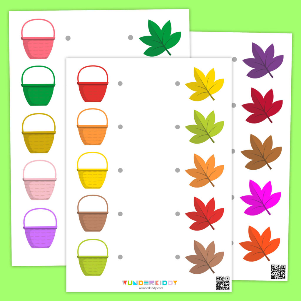 Printable worksheet with colorful baskets and leaves for kids to color and learn