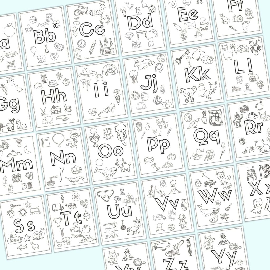 Printable Alphabet Pictures To Color – Fun Coloring Pages for Kids A collection of printable alphabet pictures to color, featuring various fun illustrations for each letter