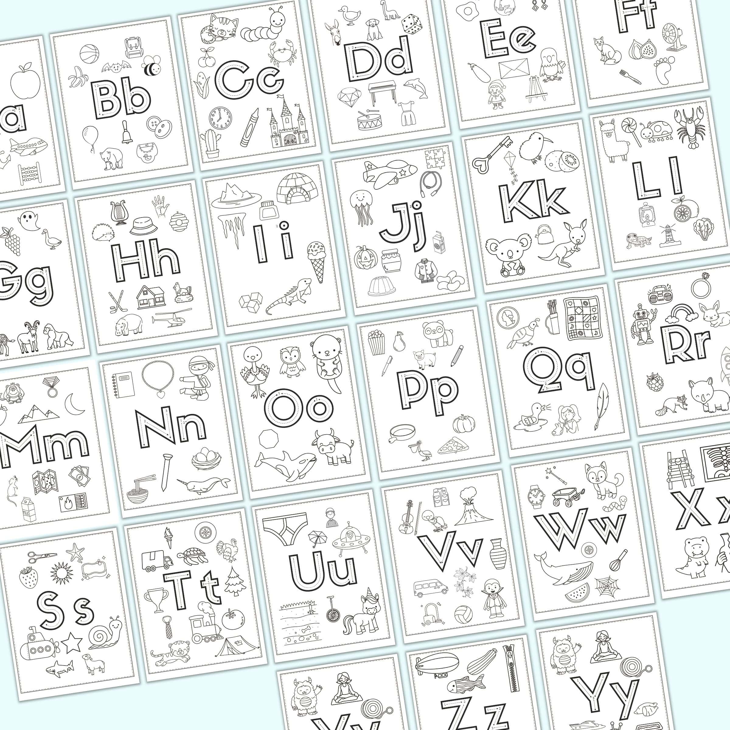 A collection of printable alphabet pictures to color, featuring various fun illustrations for each letter