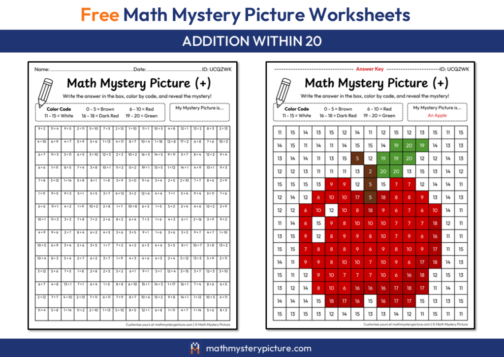 Printable Apple Math Mystery Picture: Addition Within 20 — Math Mystery ...