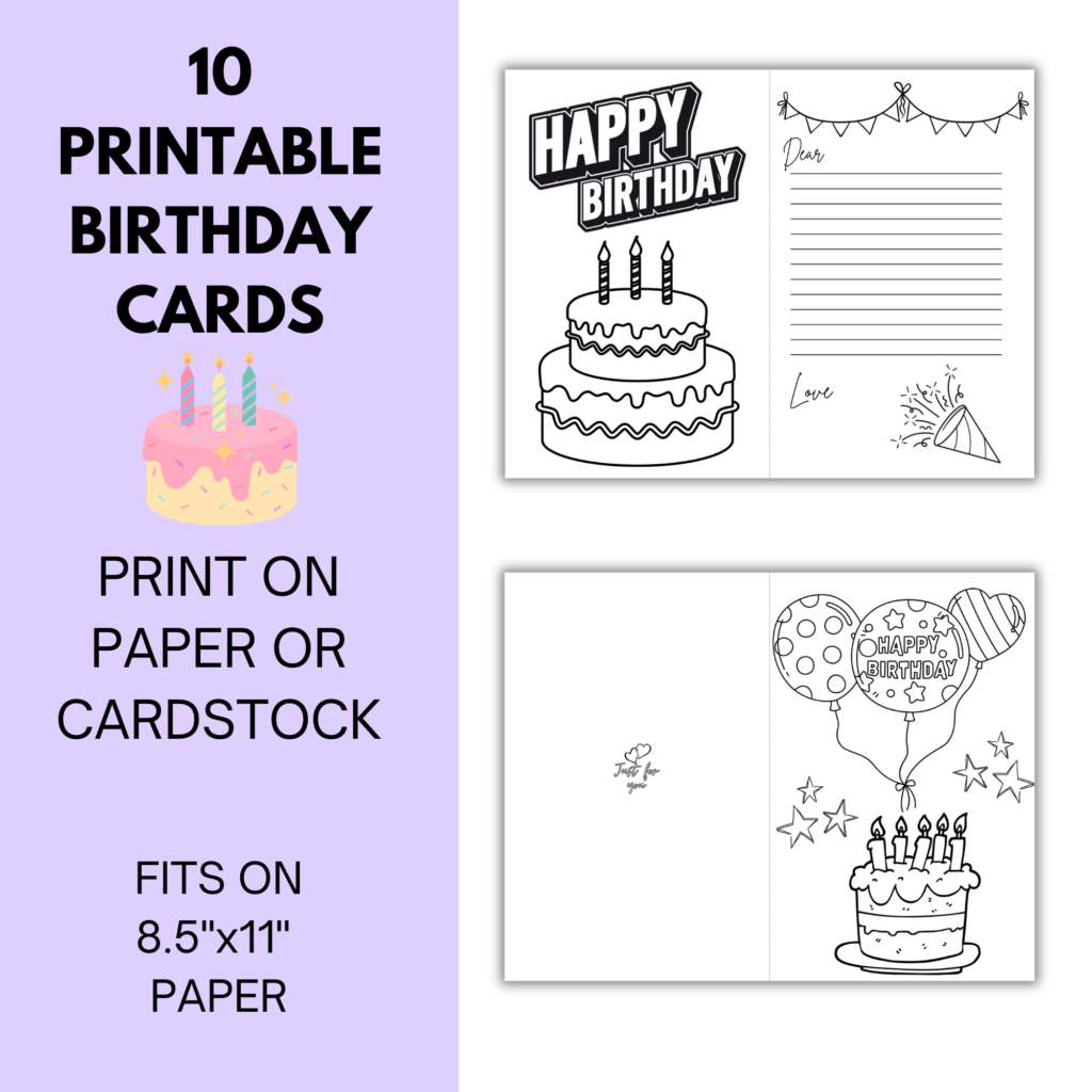 Set of printable birthday cards featuring a cake design ready for coloring