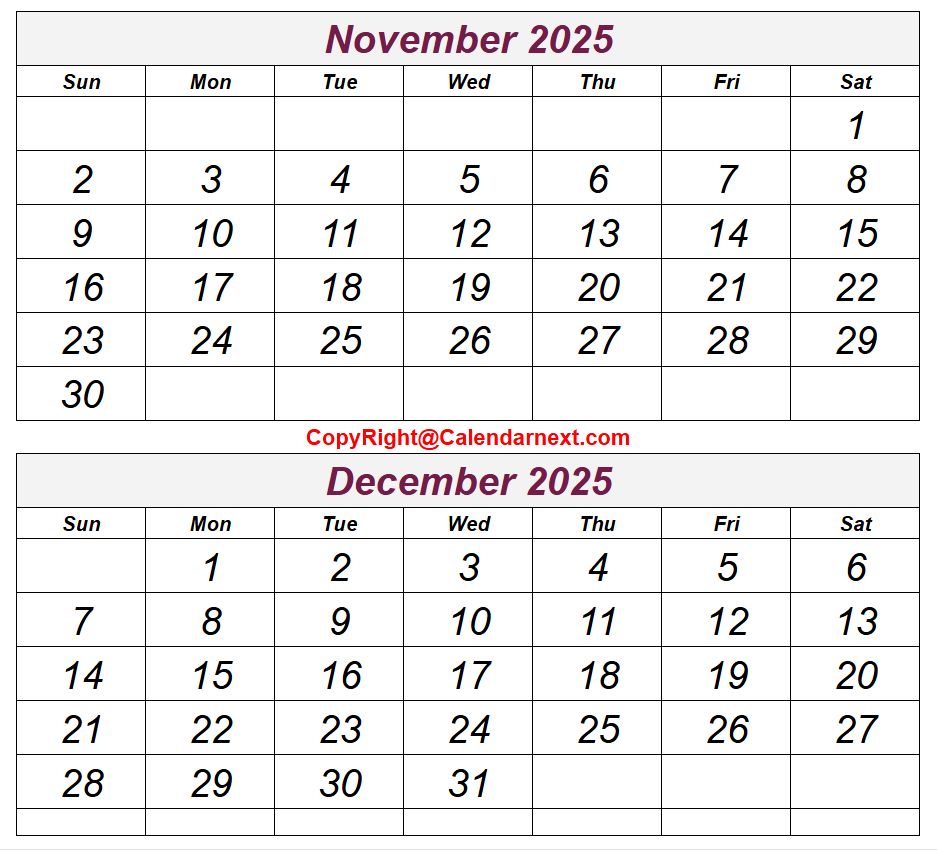 Printable Blank November & December 2025 Calendar in PDF Printable Blank November & December 2025 Calendar in PDF