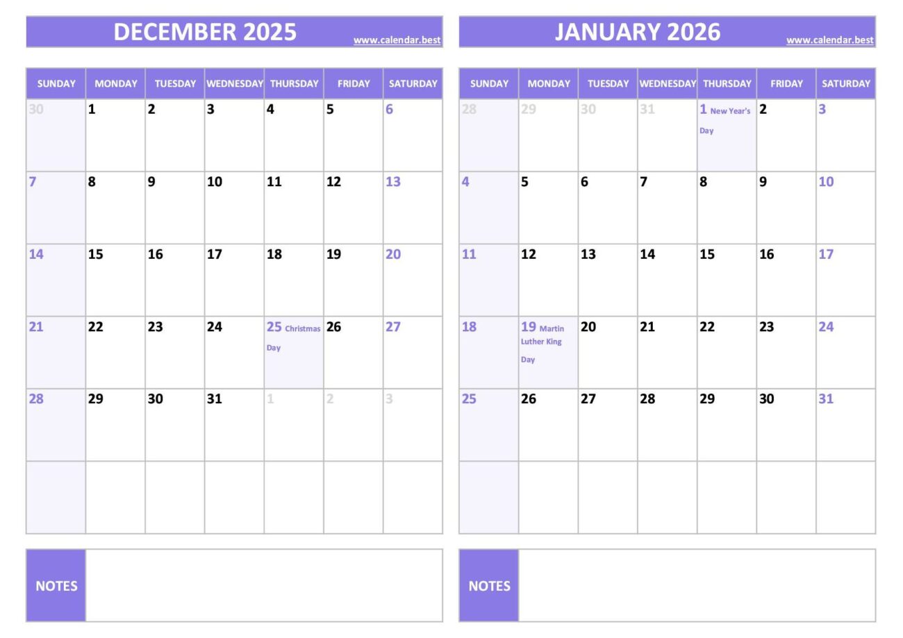 Printable Calendar December 2025 January 2026 - Printable December 2025 and January 2026 Calendar - Free PDF & JPG ...