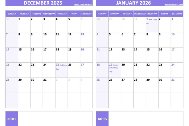 Printable Calendar December 2025 January 2026