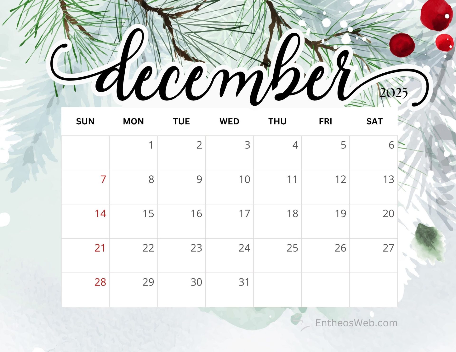 Printable Calendar For December 2025 featuring a festive design with pine branches and red berries