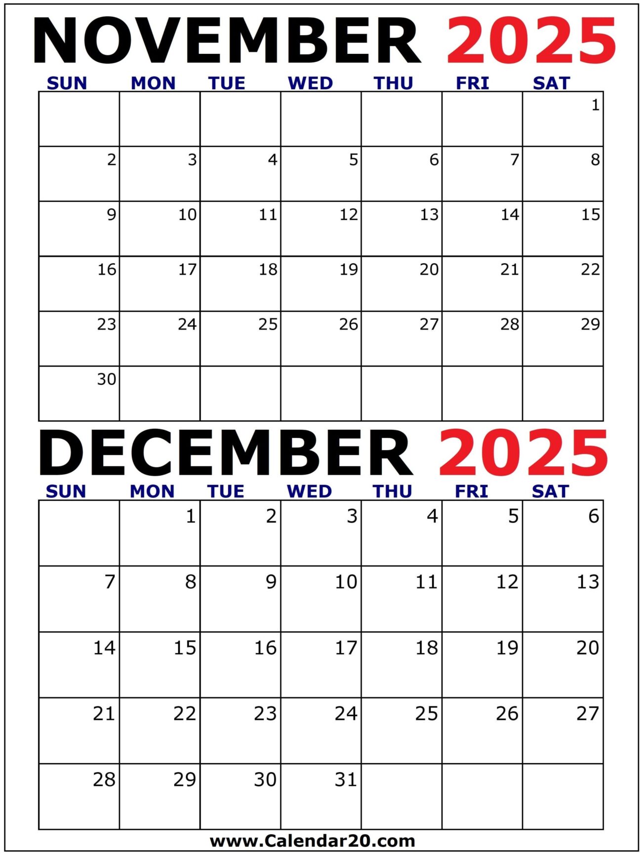 Printable Calendar For November And December 2025 - November and December 2025 Calendar Printable Vertical - Calendar20.com