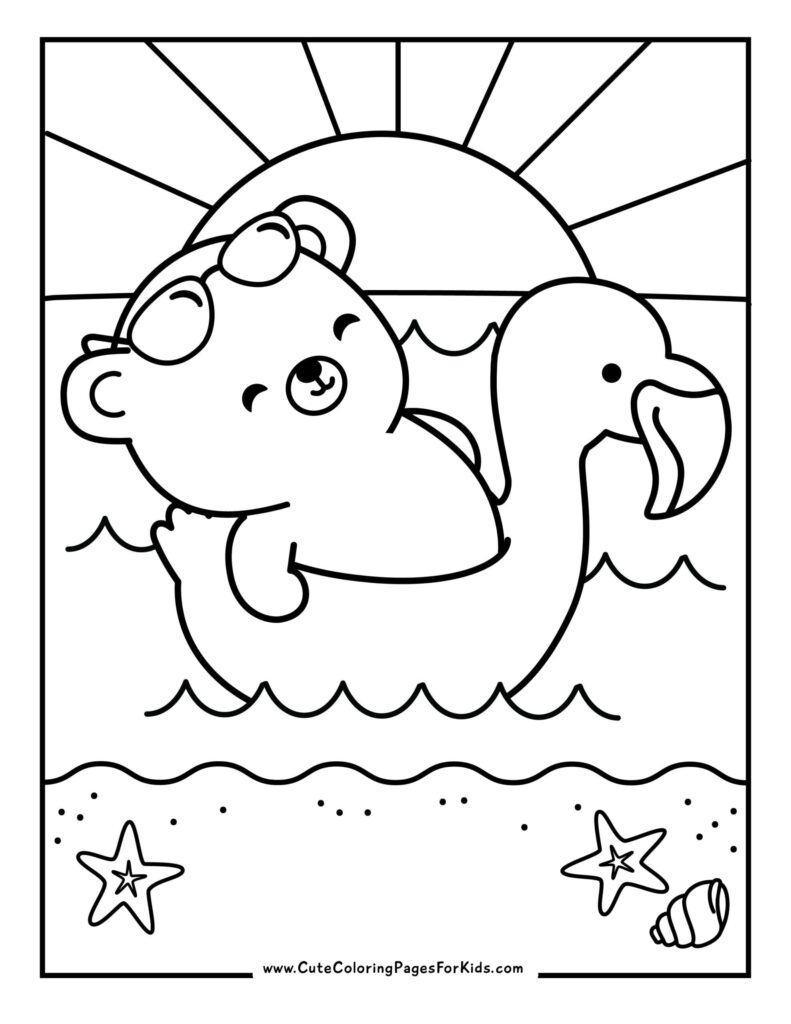 Cute Bear Floating on a Flamingo Coloring Page Printable coloring page of a cute bear floating on a flamingo in the water