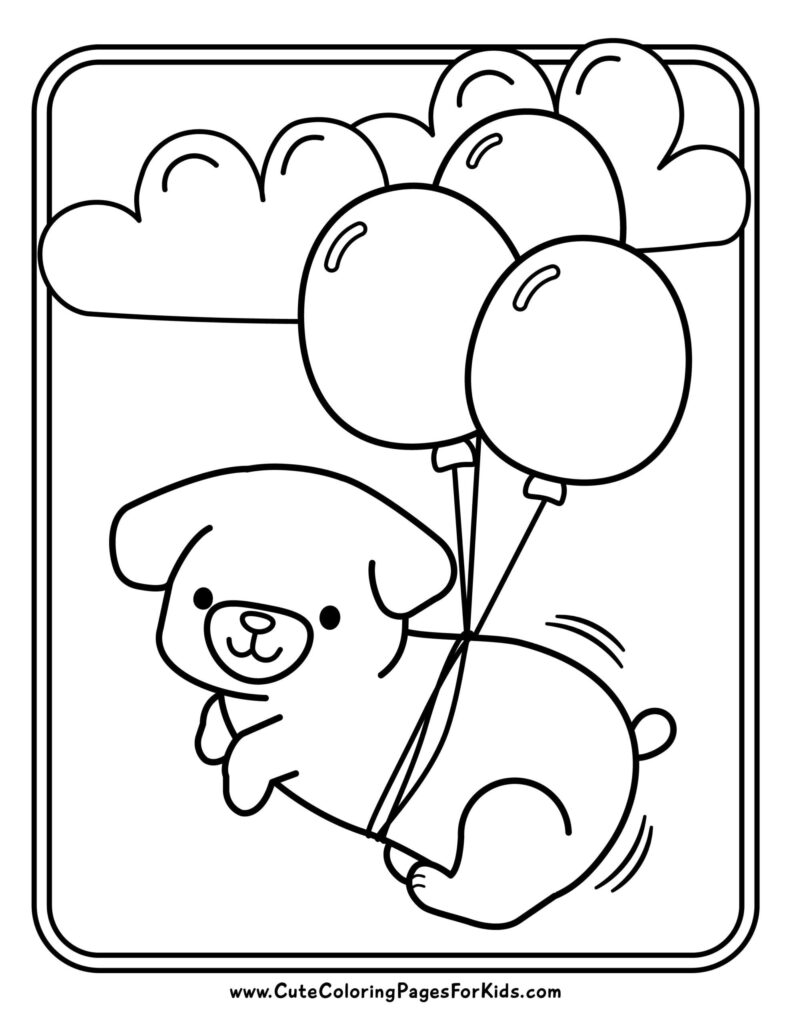 Cute Dog with Balloons Coloring Page Printable coloring page of a happy dog flying with balloons in the sky