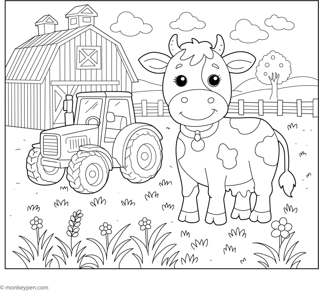 Printable Coloring Pages Farm Animals – Cow and Tractor Cute cow standing next to a tractor in a farm setting, perfect for Printable Coloring Pages Farm Animals