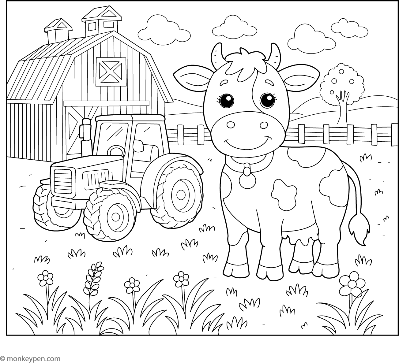 Cute cow standing next to a tractor in a farm setting, perfect for Printable Coloring Pages Farm Animals