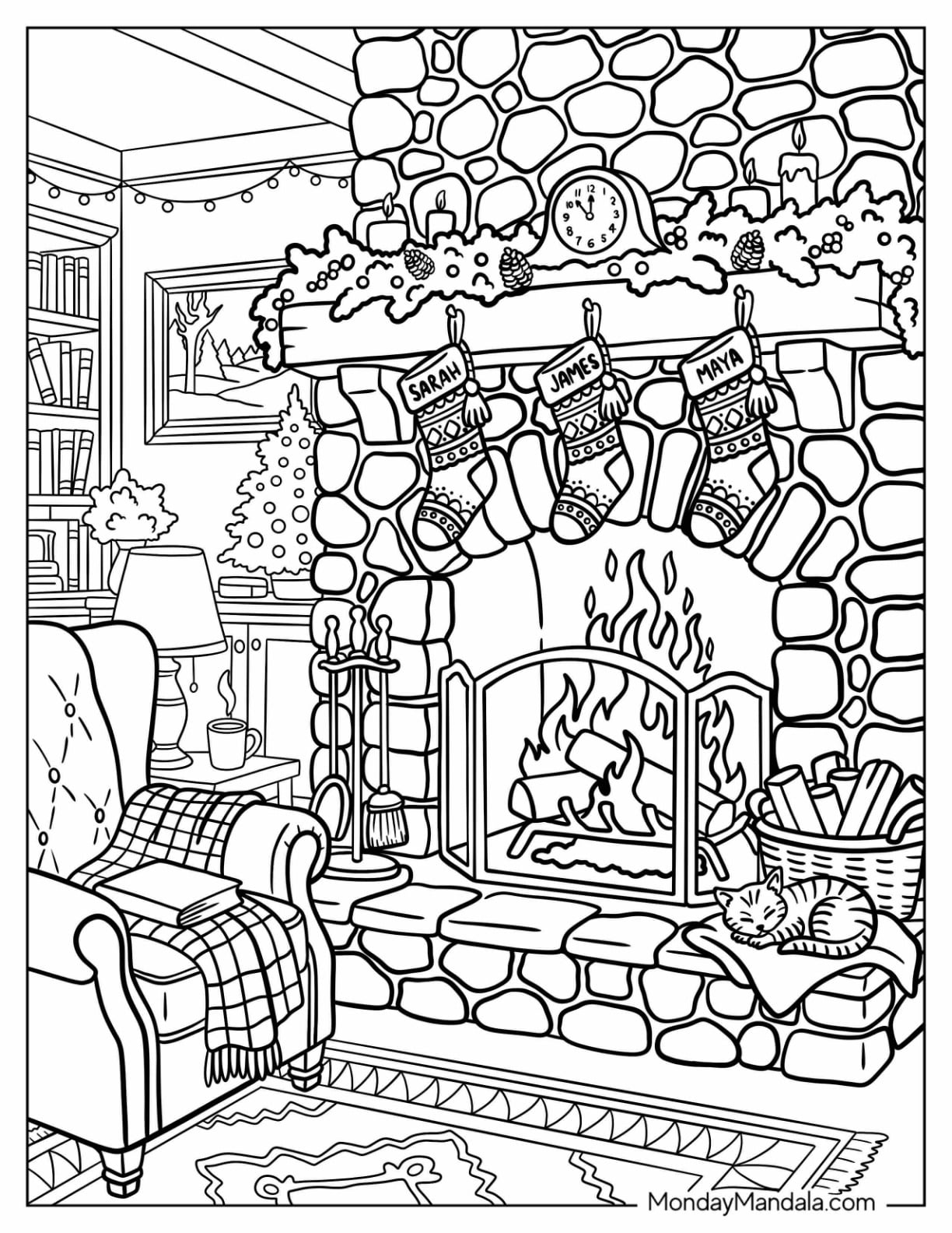 Cozy fireplace scene with stockings and a decorated Christmas tree for Printable Coloring Pages For Adults Christmas