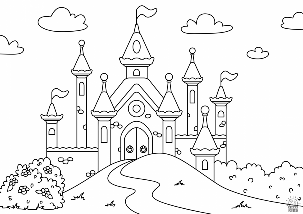 A whimsical castle coloring page designed for girls, featuring towers and clouds