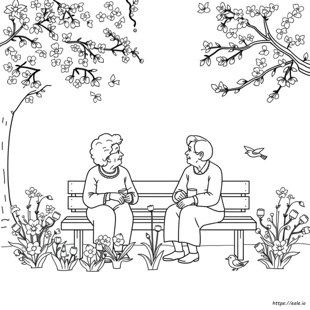 Printable Coloring Pages for Seniors with Dementia – Friends on a Bench Two elderly women chatting on a bench surrounded by flowers, ideal for coloring