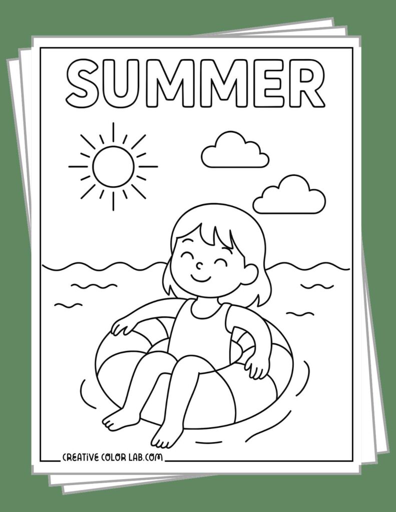 Printable Coloring Pages For Summer – Fun Summer Scene Printable Coloring Pages For Summer featuring a girl in a floaty enjoying the sun and waves