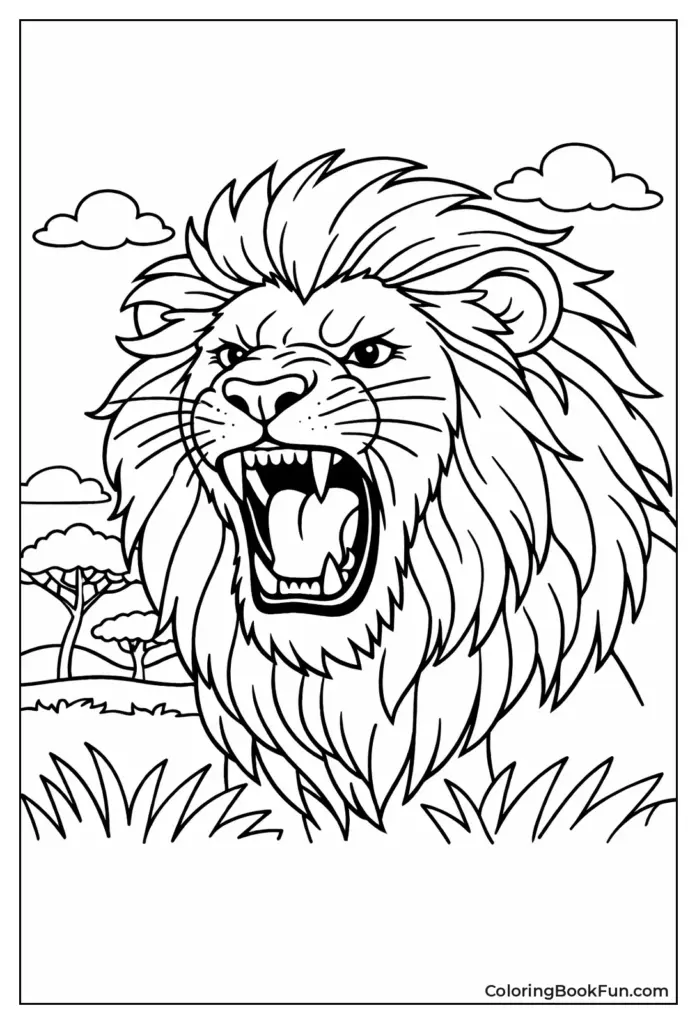 Printable Colouring Pages For Adults Animals - Detailed lion coloring page for adults featuring a roaring lion in a natural s